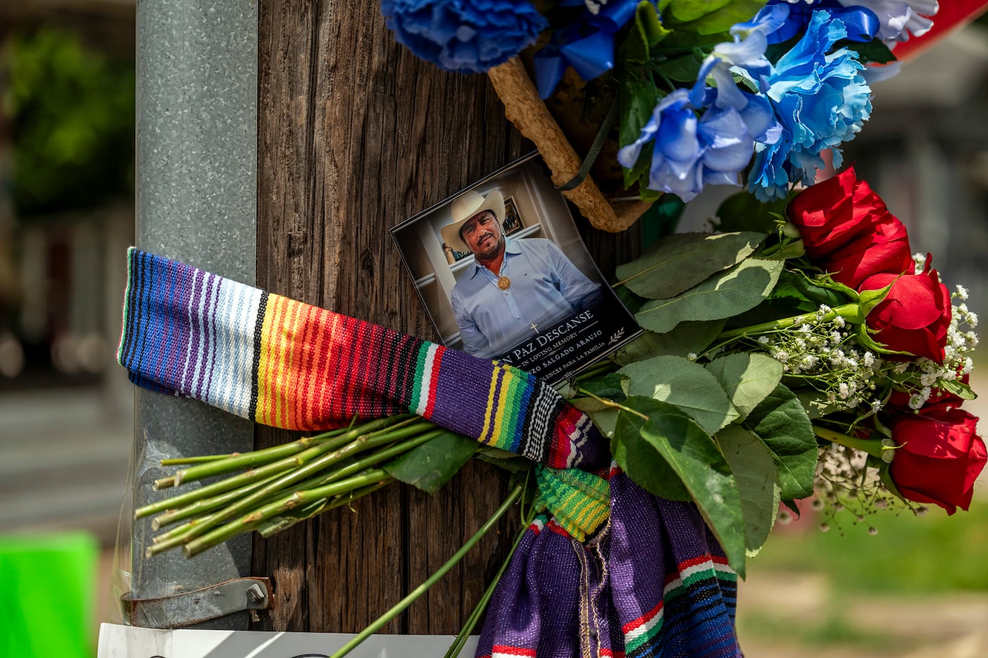 A makeshift memorial for Lorenzo Salgado Araujo, a 52-year-old Mexican immigrant who was shot by an ICE agent, at the site of the incident in Houston on July 8, 2026.