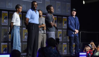 Letitia Wright, from left, Winston Duke, Ryan Coogler, David Jonsson, and Kevin Feige attend a panel for Marvel Studios during Comic-Con International on Saturday, July 25, 2026, in San Diego. (Photo by Richard Shotwell/Invision/AP)