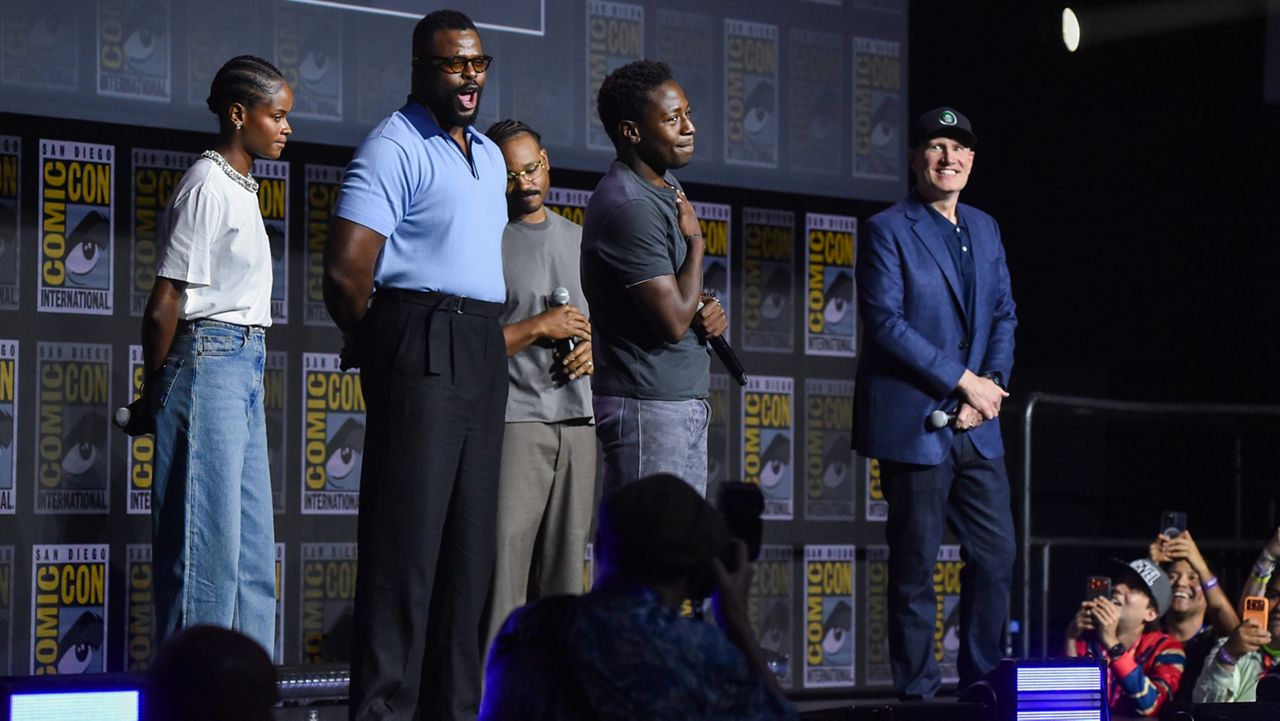 Letitia Wright, from left, Winston Duke, Ryan Coogler, David Jonsson, and Kevin Feige attend a panel for Marvel Studios during Comic-Con International on Saturday, July 25, 2026, in San Diego. (Photo by Richard Shotwell/Invision/AP)