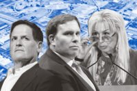 Mark Cuban, Patrick Dumont and Miriam Adelson with the intersection of the LBJ Freeway