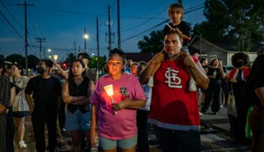Community members gather at a rally and candlelight vigil for Lorenzo Salgado Araujo, an undocumented immigrant from Mexico who was killed after an encounter with federal agents in Houston, on July 8.