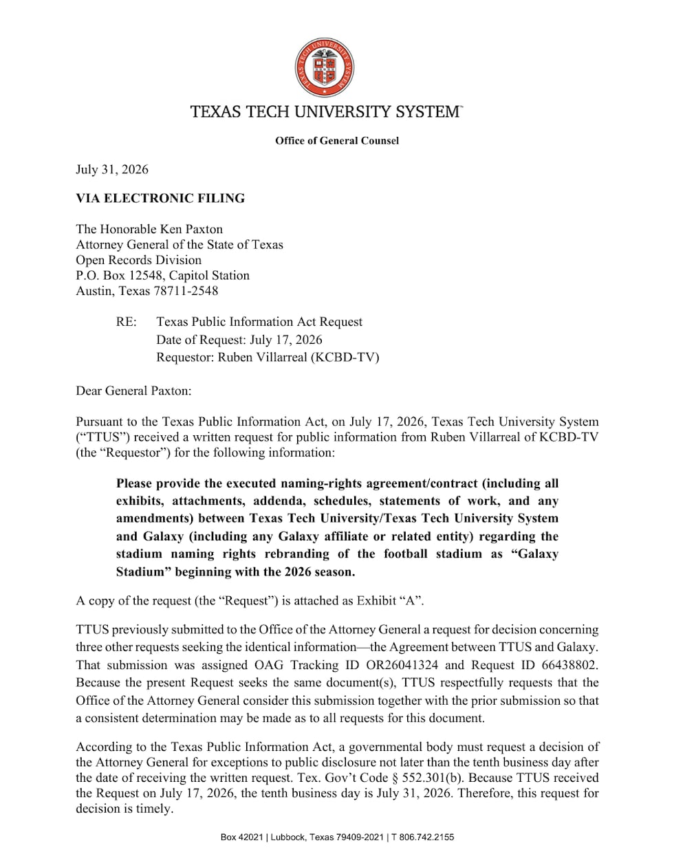 Texas Tech University System Office of General Counsel response