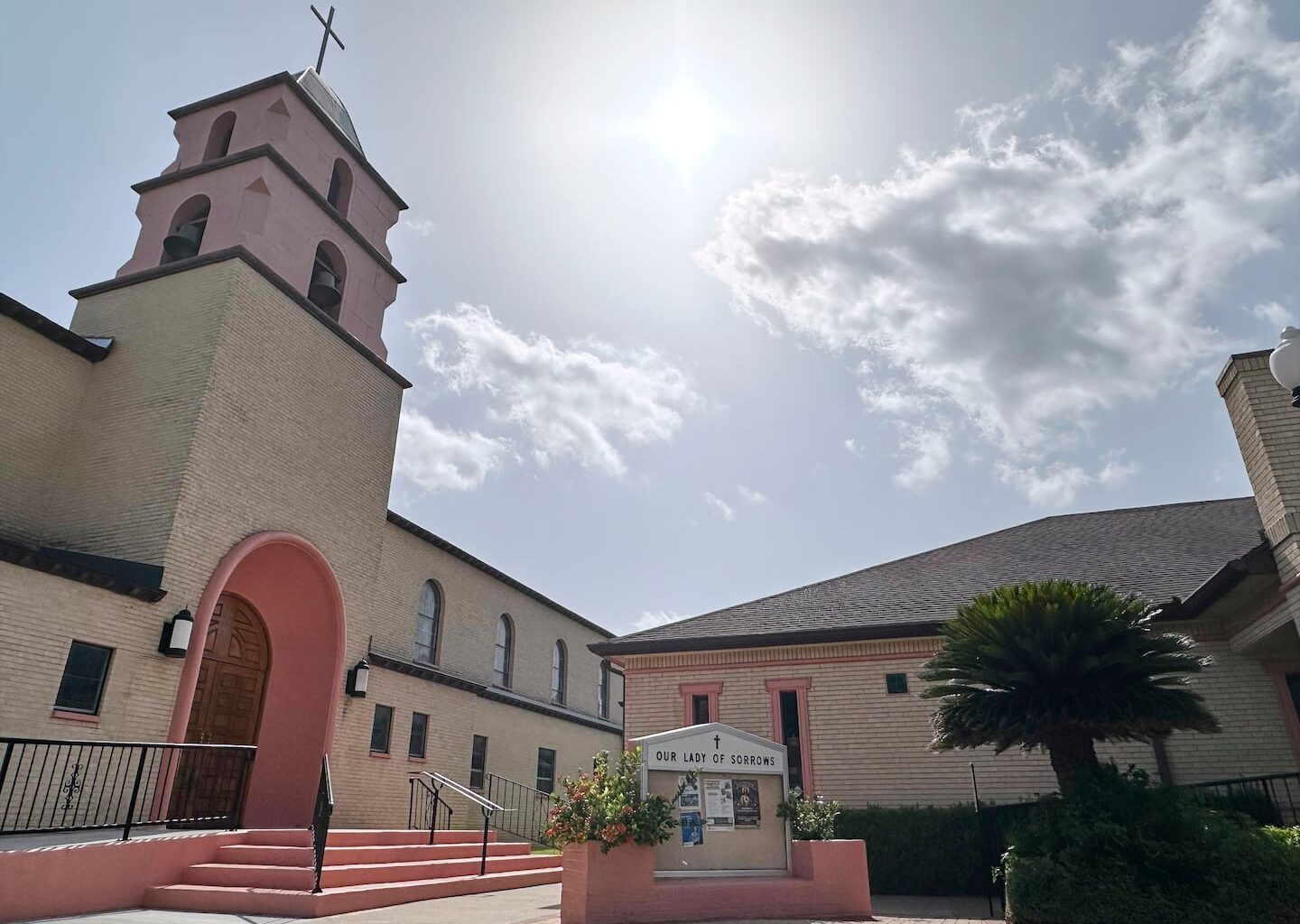 The sun beamed over the Our Lady of Sorrows Church in McAllen, Texas, on Monday.