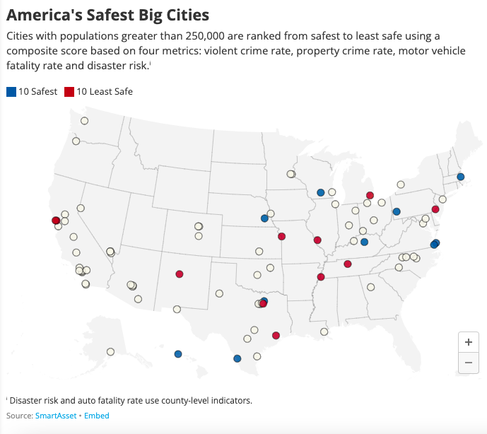 Graphic shows dotted map of the most and least safe places in America according to a SmartAsset survye. 