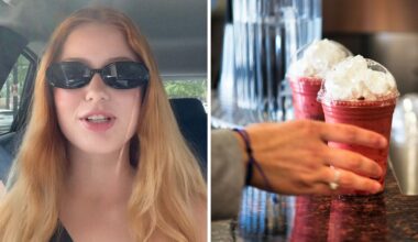 woman shares drink stealing trend (l) picking up a mobile order (r)