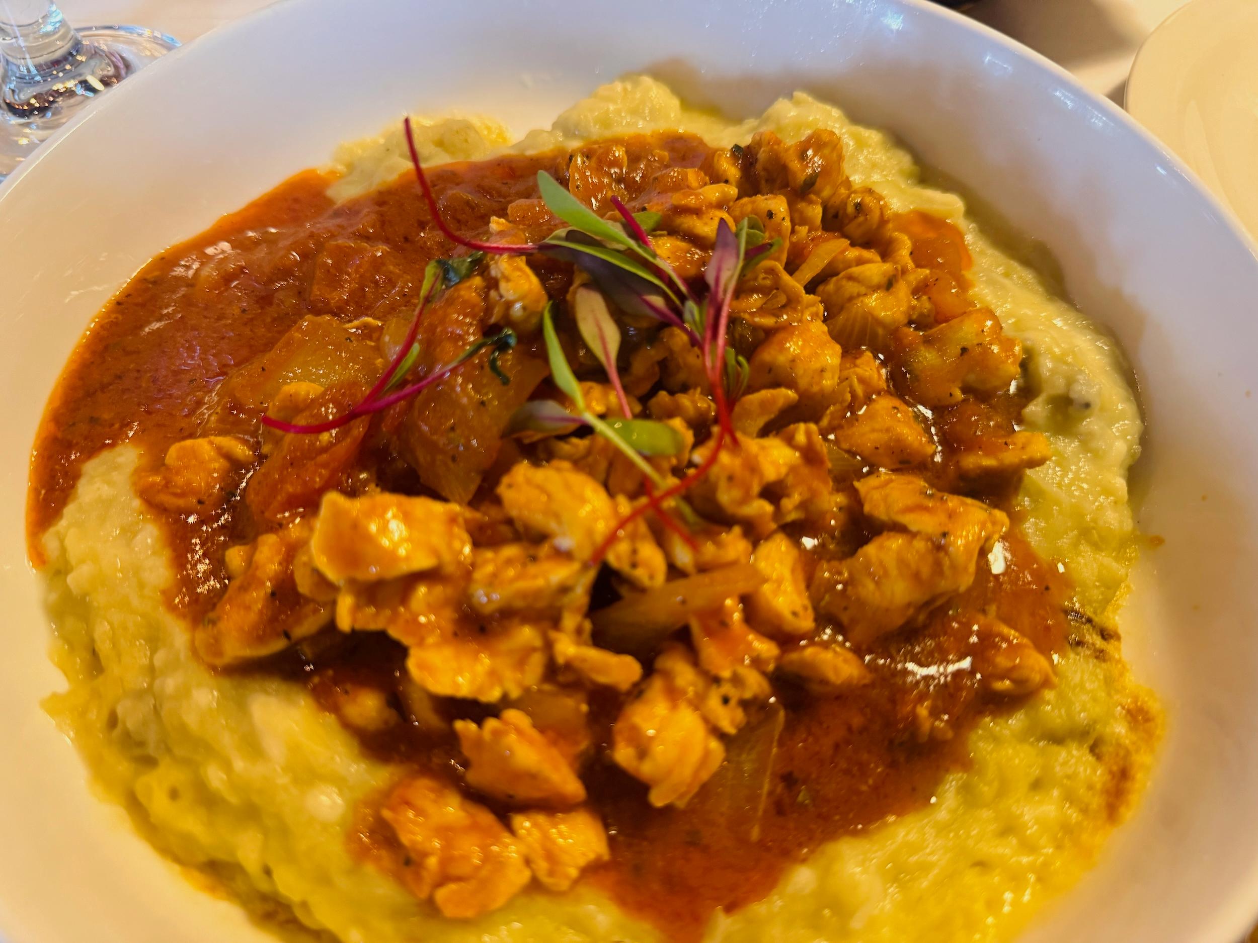 The Chicken Delight is a stew of mashed eggplant.