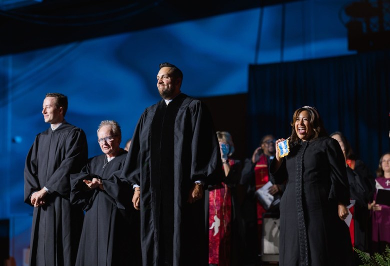 The Rev. Julia Puac-Romero, right, smiles during the Ordination and Commissioning Service at the Horizon Texas Annual Conference, Tuesday, June 2, 2026, in Wichita Falls.