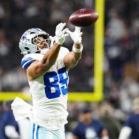Nov 17, 2025; Paradise, Nevada, USA; Dallas Cowboys tight end Brevyn Spann-Ford (89) warms up prior to a game against the Las Vegas Raiders at Allegiant Stadium.