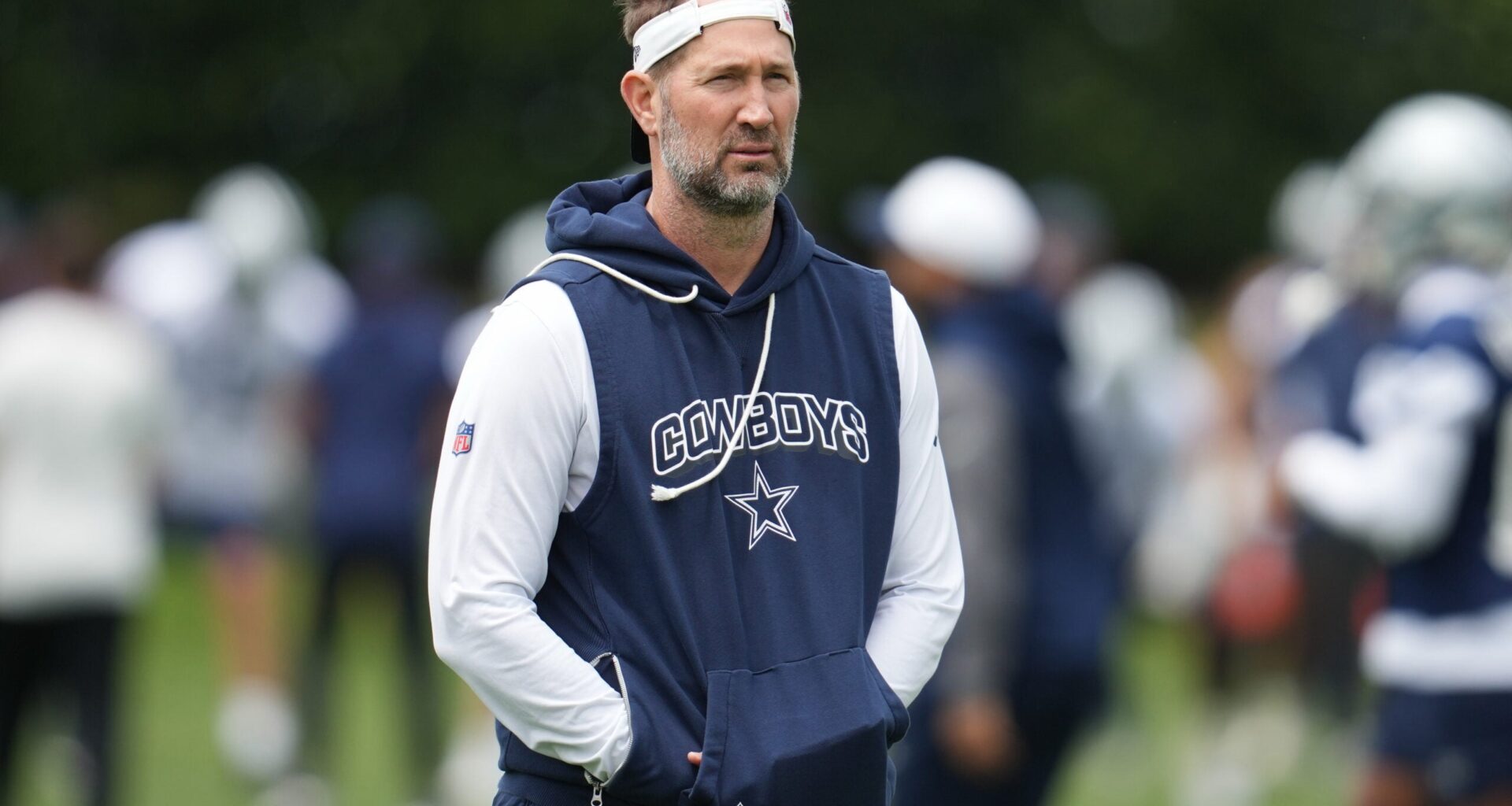 May 1, 2026; Frisco, TX, USA; Dallas Cowboys head coach Brian Schottenheimer on the field during practice at the Ford Center at the Star Training Facility in Frisco, Texas.