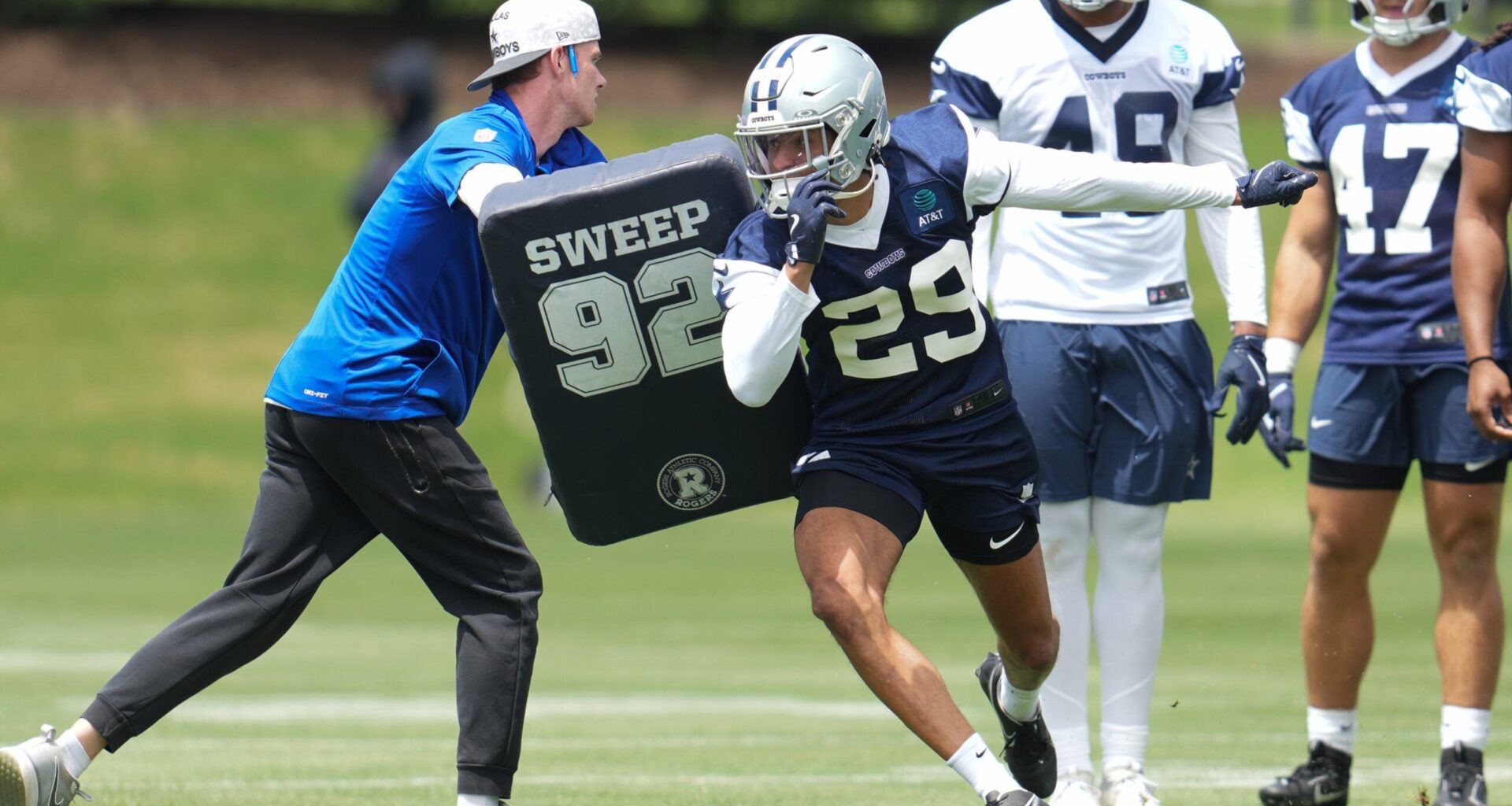 May 1, 2026; Frisco, TX, USA; Dallas Cowboys cornerback Devin Moore (29) goes through a drill during practice at the Ford Center at the Star Training Facility in Frisco, Texas.