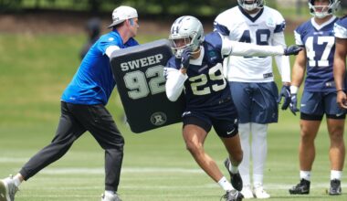 May 1, 2026; Frisco, TX, USA; Dallas Cowboys cornerback Devin Moore (29) goes through a drill during practice at the Ford Center at the Star Training Facility in Frisco, Texas.