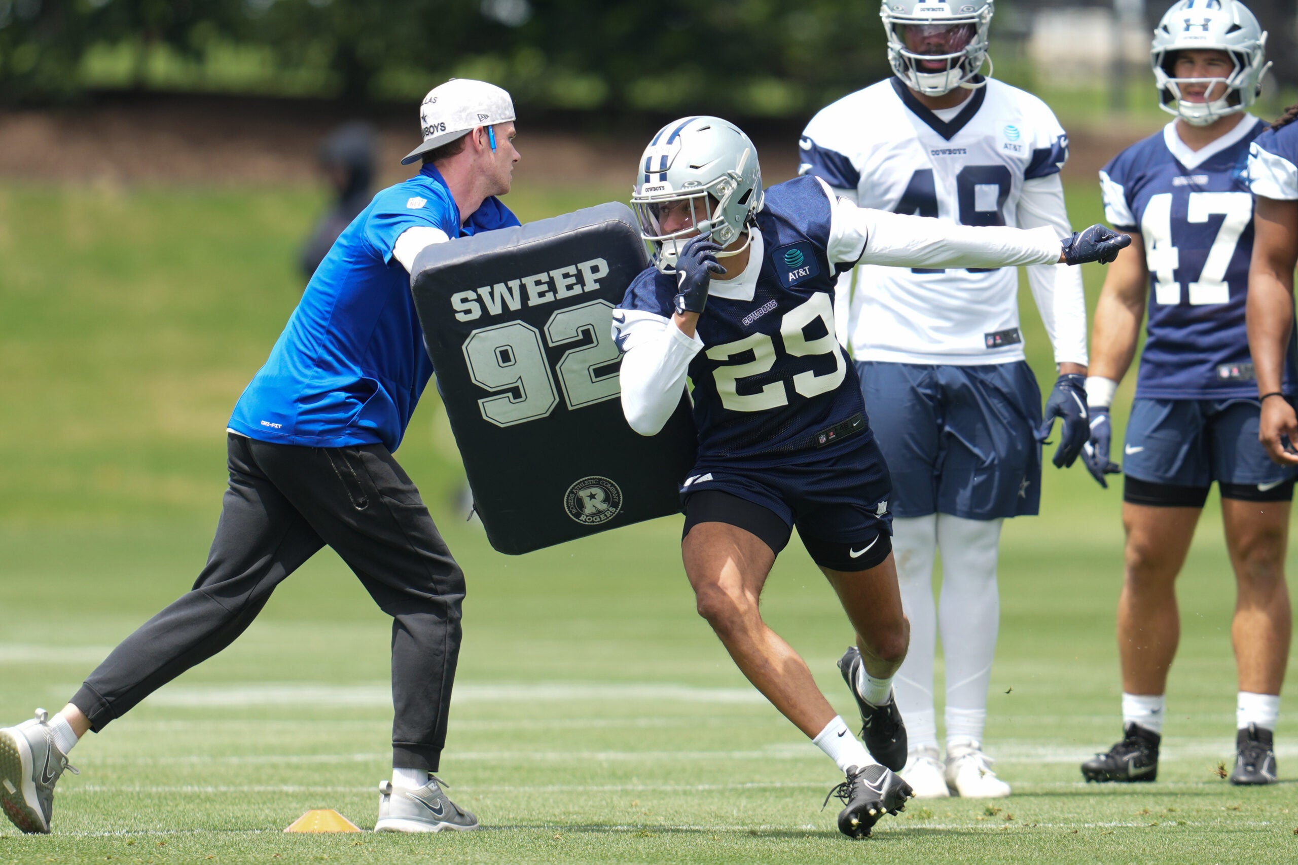 May 1, 2026; Frisco, TX, USA; Dallas Cowboys cornerback Devin Moore (29) goes through a drill during practice at the Ford Center at the Star Training Facility in Frisco, Texas.