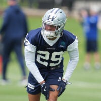 May 1, 2026; Frisco, TX, USA; Dallas Cowboys cornerback Devin Moore (29) goes through a drill during practice at the Ford Center at the Star Training Facility in Frisco, Texas.
