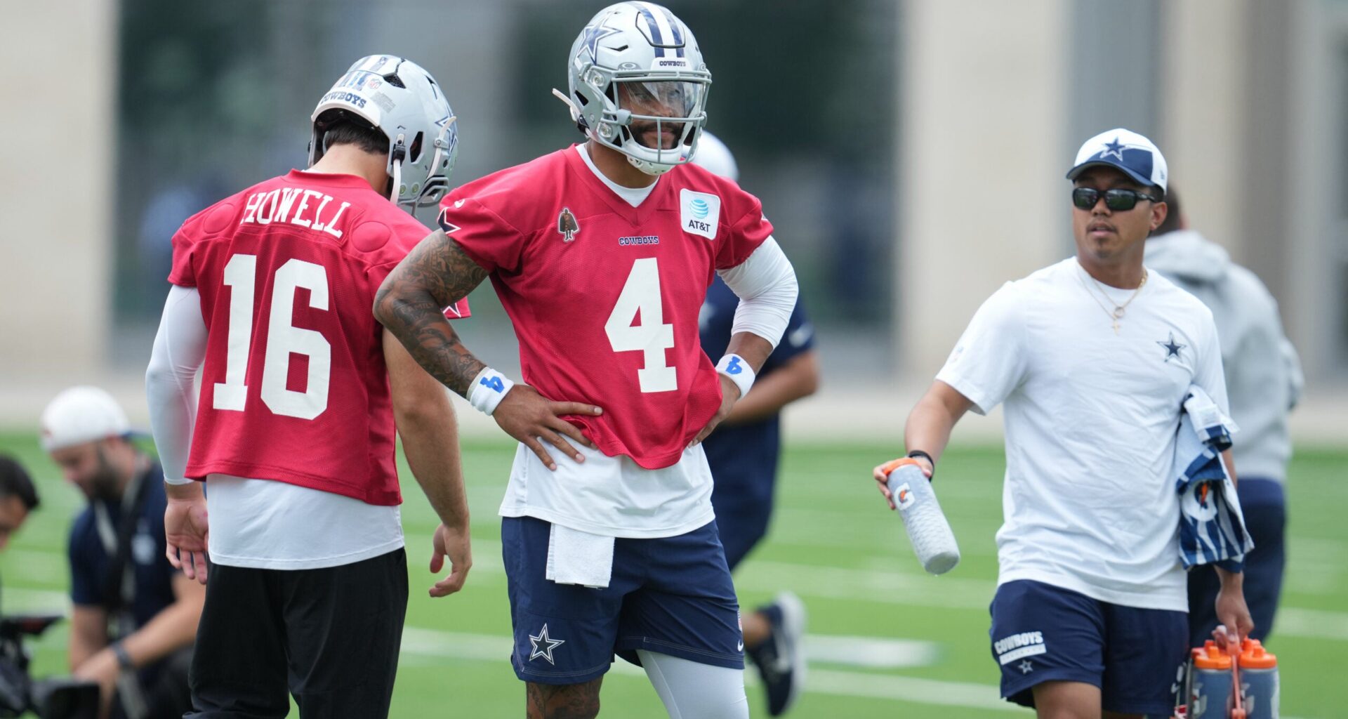 Jun 16, 2026; Dallas, TX, USA; Dallas Cowboys quarterback Dak Prescott (4) goes through a drill during practice at the Ford Center at the Star Training Facility in Frisco, Texas.