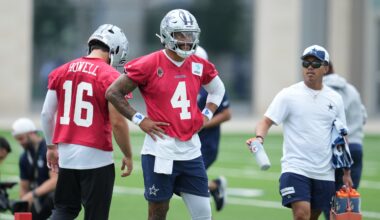 Jun 16, 2026; Dallas, TX, USA; Dallas Cowboys quarterback Dak Prescott (4) goes through a drill during practice at the Ford Center at the Star Training Facility in Frisco, Texas.