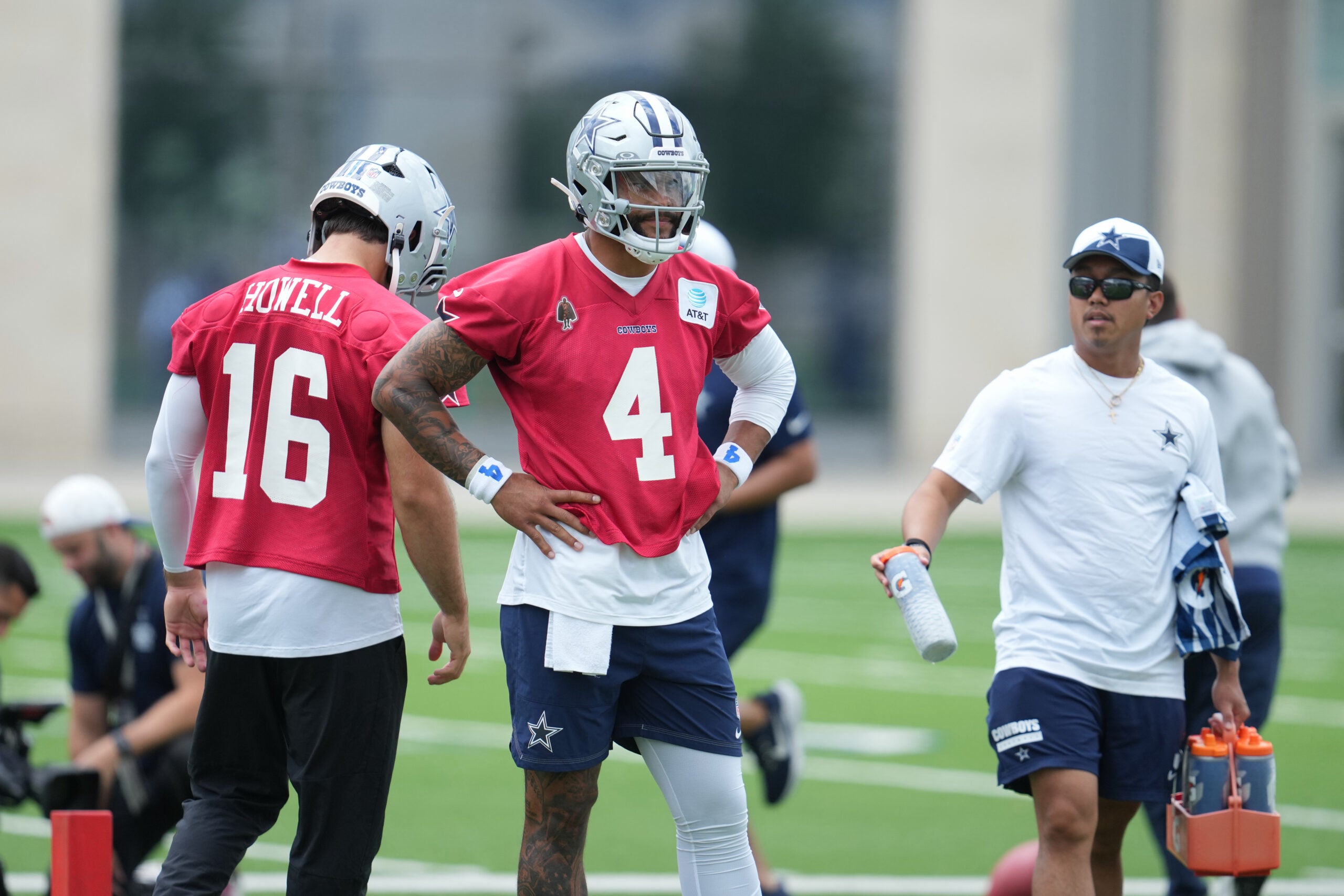 Jun 16, 2026; Dallas, TX, USA; Dallas Cowboys quarterback Dak Prescott (4) goes through a drill during practice at the Ford Center at the Star Training Facility in Frisco, Texas.