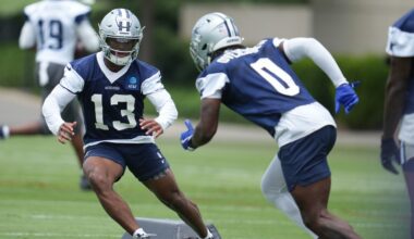 Jun 16, 2026; Dallas, TX, USA; Dallas Cowboys safety Caleb Downs (13) and linebacker DeMarvion Overshown (0) go through a drill during practice at the Ford Center at the Star Training Facility in Frisco, Texas.