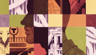 Colorful illustration showing a man's silhouetted profile photo in the middle of a grid. In blocks around him there are signs for Boston's T subway station, a Texas building, stairs, and pavement.