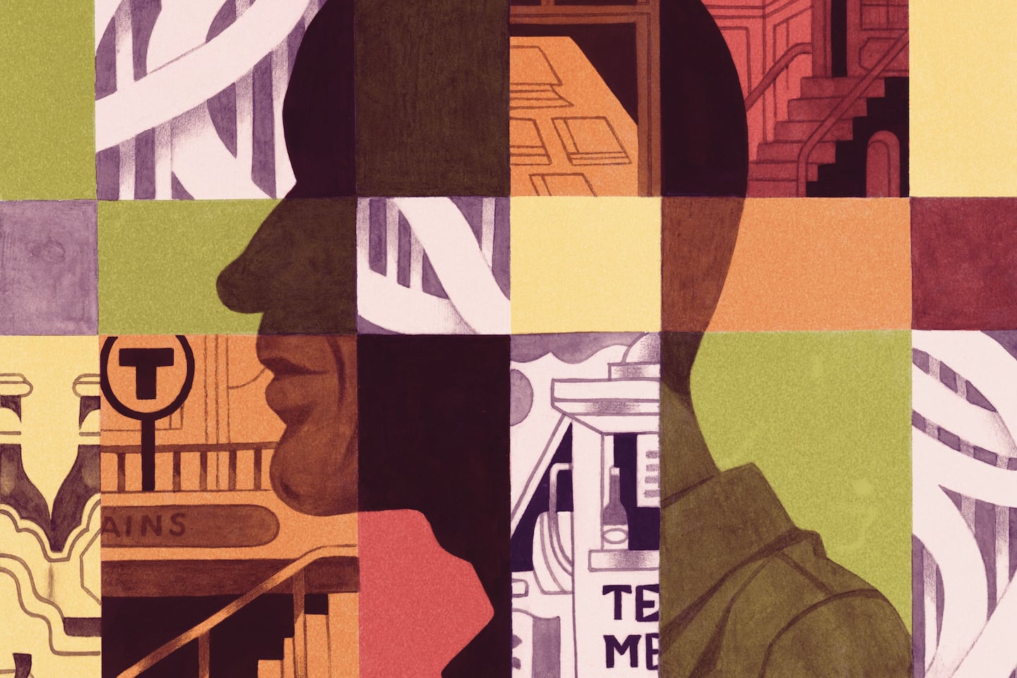 Colorful illustration showing a man's silhouetted profile photo in the middle of a grid. In blocks around him there are signs for Boston's T subway station, a Texas building, stairs, and pavement.