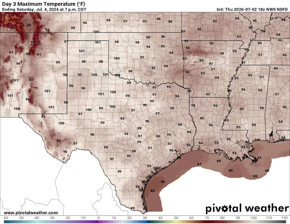 High temperatures across Texas will mainly be in the 90s but humidity will have them feeling like the low 100s. (Pivotal)