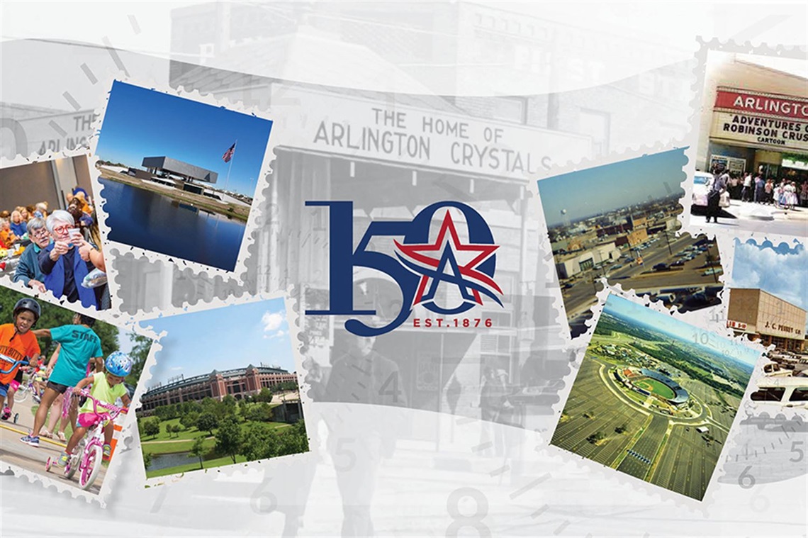 Photos of historic Arlington with the city's sesquicentennial logo in the middle.