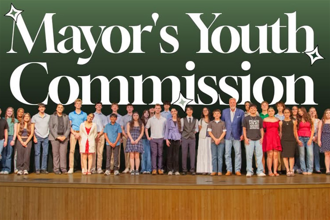 Group of teenagers looking at the camera with Mayors Youth Commission Words overlaid