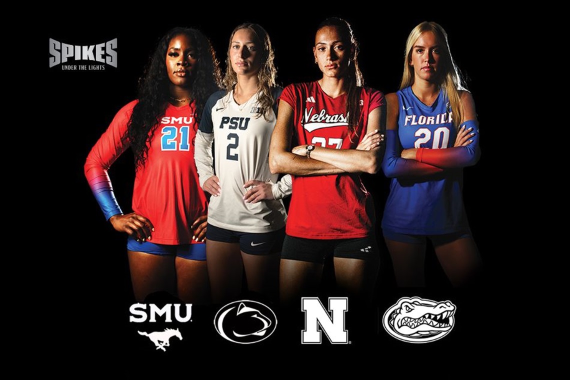 Four individuals stand confidently in volleyball uniforms representing SMU, PSU, Nebraska, and Florida. Their respective logos are displayed below them. The setting is dramatic with a black background.