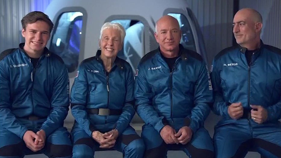 Oliver Daemen, Wally Funk, Jeff Bezos and Mark Bezos will be on New Shepard’s first human flight. (Photo credit: FOX)