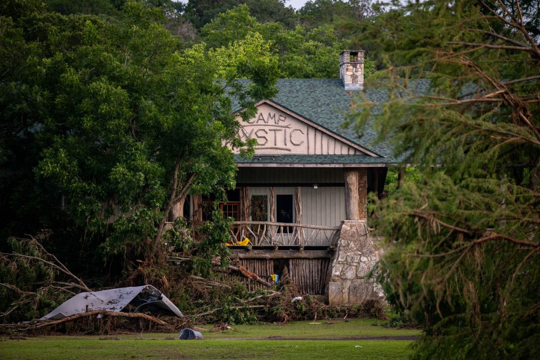 Debris is piled up at Camp Mystic on July 7, 2025 in Hunt, Texas.
