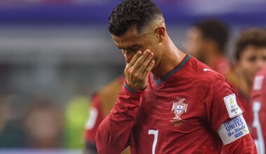 Portugal's Cristiano Ronaldo (7) reacts after the World Cup round of 16 soccer match between Portugal and Spain in Arlington, Texas, near Dallas, Monday, July 6, 2026. (AP Photo/Gareth Patterson)