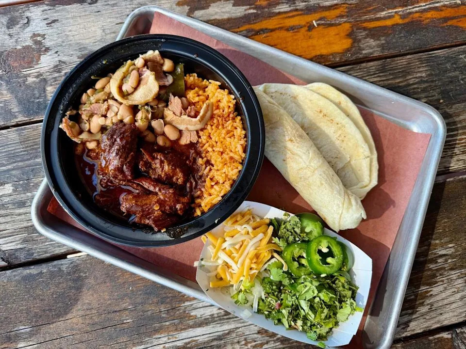 The “South Side power bowl” at Panther City BBQ includes spicy carne guisada made with prime brisket, plus rice, beans and tortillas, seen Nov. 9, 2024.