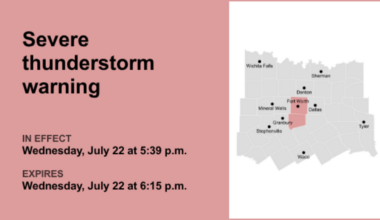 Severe thunderstorm warning issued for Johnson and Tarrant counties Wednesday evening