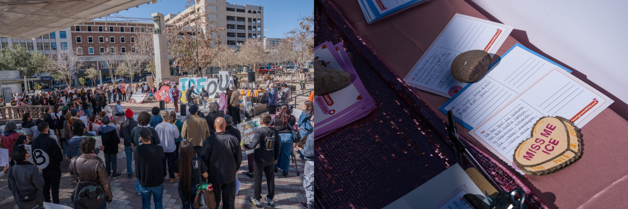 A large crowd of people gathers in an urban plaza for an outdoor demonstration. Activists hold large cutout letters spelling "ICE OUT" and carry signs in front of a speaker system, with surrounding city buildings visible in the background.
Several postcards with handwritten supportive messages rest on a pink tablecloth, held down by smooth stones.