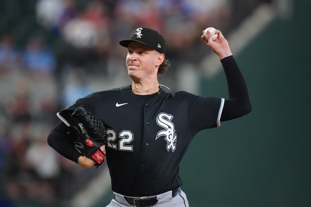 White Sox starter Noah Schultz pitches during the first inning against the Rangers on Tuesday, July 21, 2026, in Arlington, Texas. (AP Photo/LM Otero)