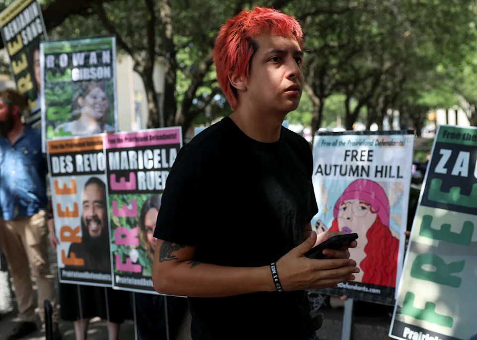 Estevan Soto gives a statement from his parents, Ines and Elizabeth Soto, following the sentencing of more defendants in the Prairieland ICE shooting case on Wednesday, July 1, 2026, in downtown Fort Worth. Both Ines and Elizabeth Soto received a sentence of 50 years in federal prison.