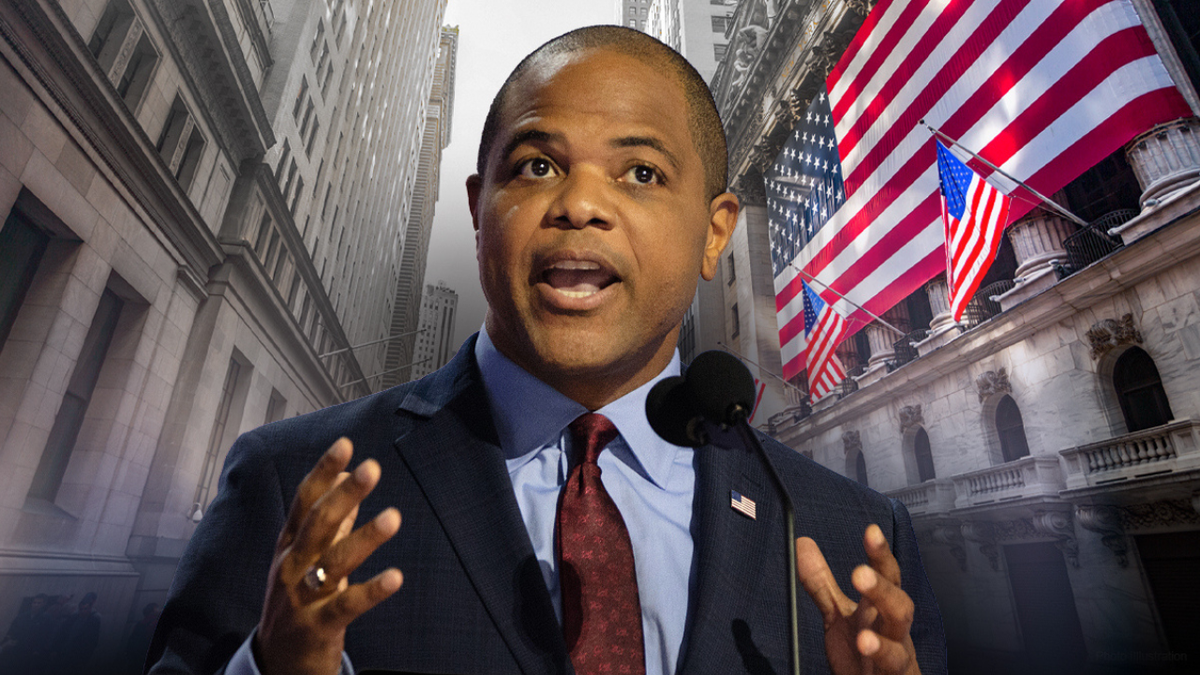 A photo showing Dallas Mayor Eric Johnson and the exterior of the New York Stock Exchange.