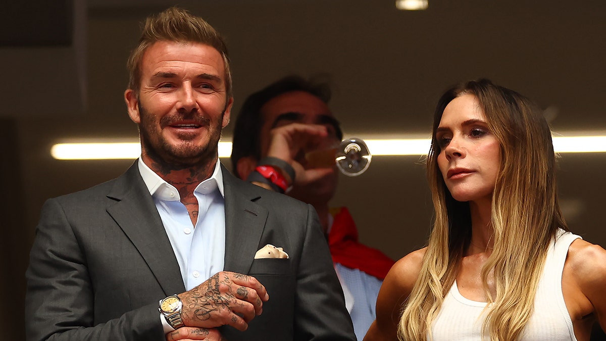 David and Victoria Beckham at the World Cup semifinal match between France and Spain in Texas.