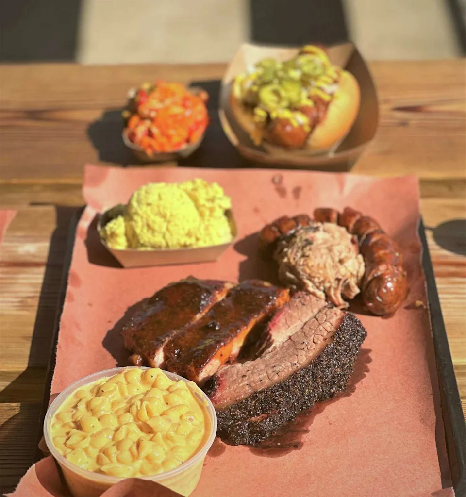 Brisket with an onyx bark is the star of this tray of barbecue at La Barbecue in East Austin. (MATTHEW ODAM/AMERICAN-STATESMAN)