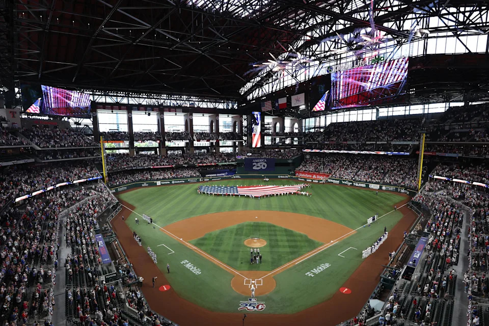 ARLINGTON, TEXAS - JULY 04: A general view of the ballpark is shown during the playing of the U.S. national anthem prior to the game between the <a class="link " href="https://sports.yahoo.com/mlb/teams/texas/" data-i13n="sec:content-canvas;subsec:anchor_text;elm:context_link" data-ylk="slk:Texas Rangers;sec:content-canvas;subsec:anchor_text;elm:context_link;itc:0" data-yga="{"yLinkElement":"context_link","yModuleName":"content-canvas","yLinkText":"Texas Rangers","ySubModuleName":"anchor_text","yHasCommerce":false}">Texas Rangers</a> and the <a class="link " href="https://sports.yahoo.com/mlb/teams/detroit/" data-i13n="sec:content-canvas;subsec:anchor_text;elm:context_link" data-ylk="slk:Detroit Tigers;sec:content-canvas;subsec:anchor_text;elm:context_link;itc:0" data-yga="{"yLinkElement":"context_link","yModuleName":"content-canvas","yLinkText":"Detroit Tigers","ySubModuleName":"anchor_text","yHasCommerce":false}">Detroit Tigers</a> at Globe Life Field on July 04, 2026 in Arlington, Texas. (Photo by Sam Hodde/Getty Images) | Getty Images