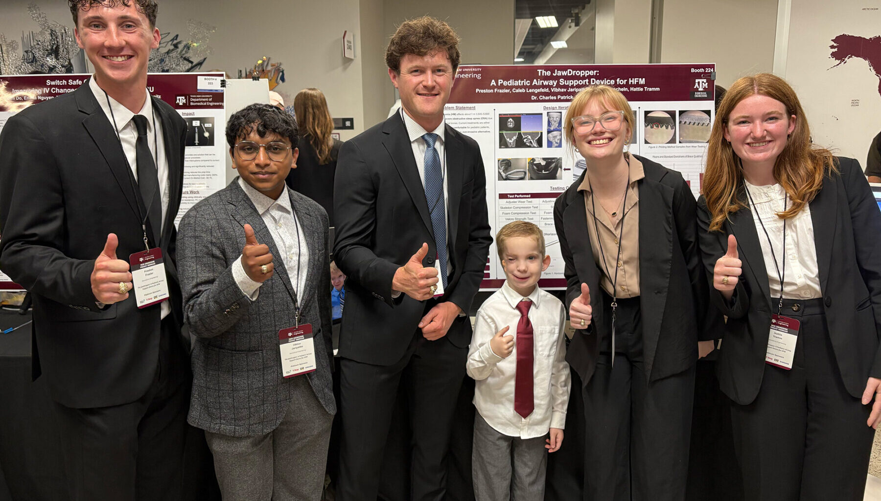 Team 19 presented their jaw brace at the Engineering Project Showcase. (From left) Preston Frazier, Vibhav Jaripatke, Caleb Lengefeld, David Hardy, Maggie Orscheln and Hattie Tramm.