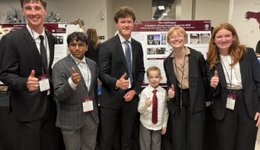 Team 19 presented their jaw brace at the Engineering Project Showcase. (From left) Preston Frazier, Vibhav Jaripatke, Caleb Lengefeld, David Hardy, Maggie Orscheln and Hattie Tramm.