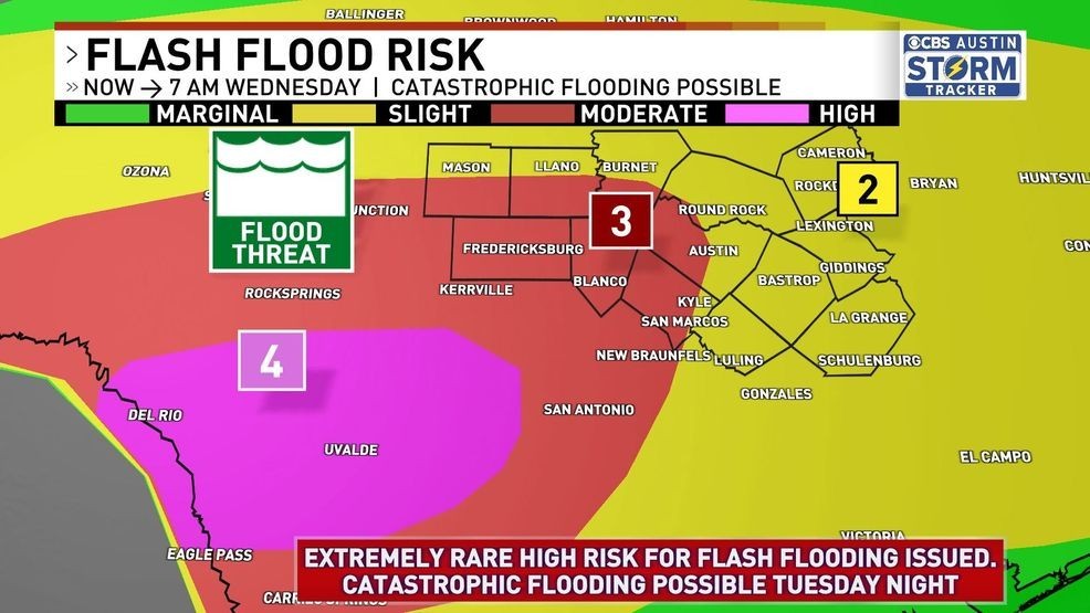 Areas of Central Texas are under rare, high levels of flood risk. (CBS Austin)
