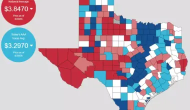 AAA Texas gas price map on June 30, 2026 shows the cheapest gas prices in Texas are in counties colored dark blue and along the I-35 corridor, ranging from $3.07 to $3.25.  The most expensive gas prices are in counties colored dark red, ranging from $3.55 to $3.99