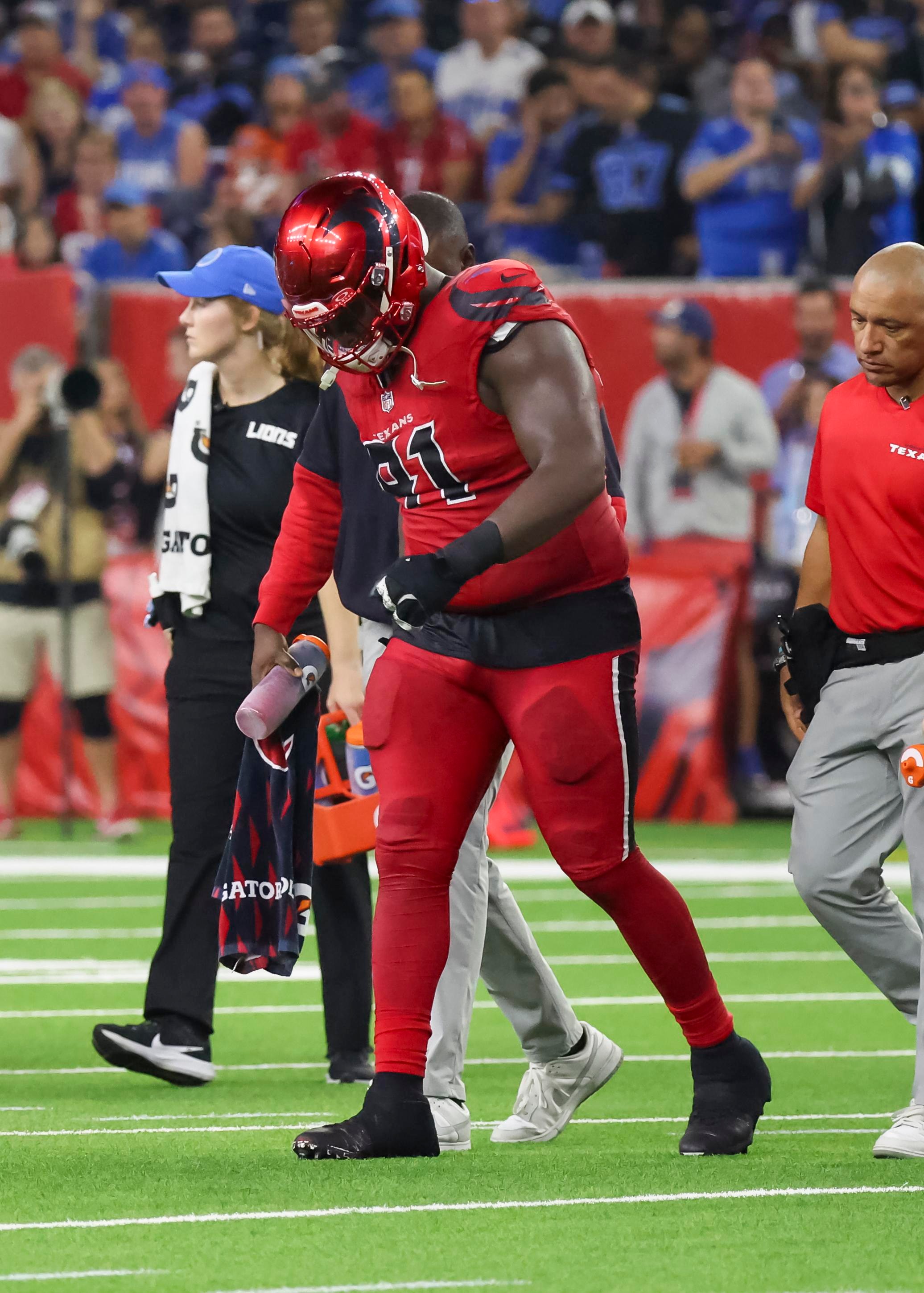 HOUSTON, TX - NOVEMBER 10: Houston Texans defensive end Will Anderson Jr. (51) leaves the field with an injury during the NFL game between the Detroit Lions and Houston Texans on November 10, 2024 at NRG Stadium in Houston, Texas. (Photo by Leslie Plaza Johnson/Icon Sportswire via Getty Images)