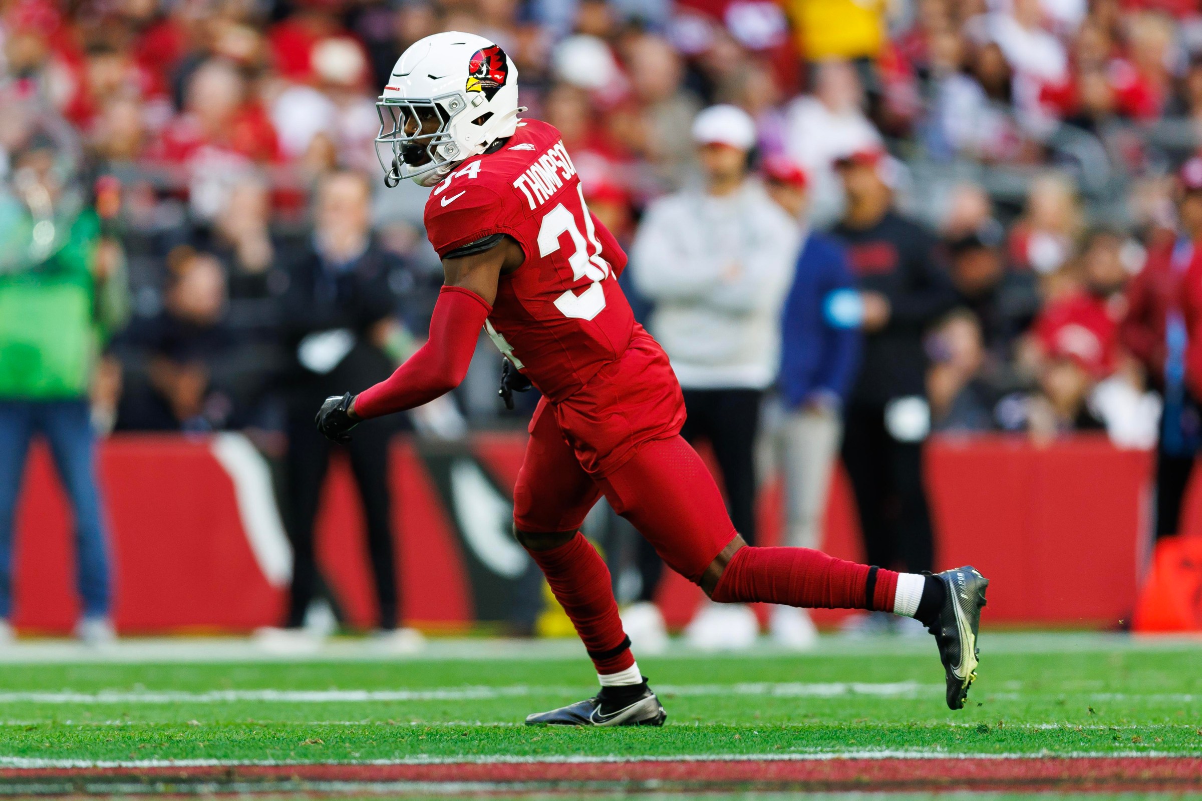 GLENDALE, ARIZONA - JANUARY 5: Safety Jalen Thompson #34 of the Arizona Cardinals defends in coverage during the first half of an NFL football game against the San Francisco 49ers at State Farm Stadium on January 5, 2025 in Glendale, Arizona. (Photo by Brooke Sutton/Getty Images)
