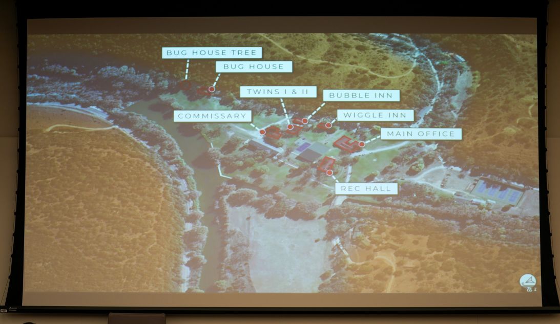 An aerial photo of Camp Mystic is shown at a hearing about a temporary injunction at the Travis County Courthouse in Austin on Wednesday, March 4, 2026. Will and CiCi Steward of Austin, whose 8-year-old daughter, Cile Steward, was swept away in the July 4, 2025, flash flood at Camp Mystic and has not been found, are seeking to prevent the camp from reopening this summer and to halt repairs and construction until their lawsuit against the camp and other parties goes to trial. The Stewards say they want to preserve potential evidence related to their daughter's death.