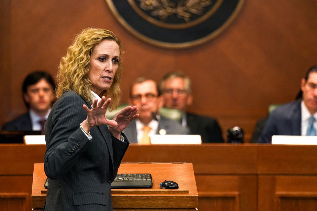 Investigator Casey Garrett speaks at a joint House and Senate flood investigating committee hearing at the Texas Capitol on April 27, 2026, in Austin, Texas.