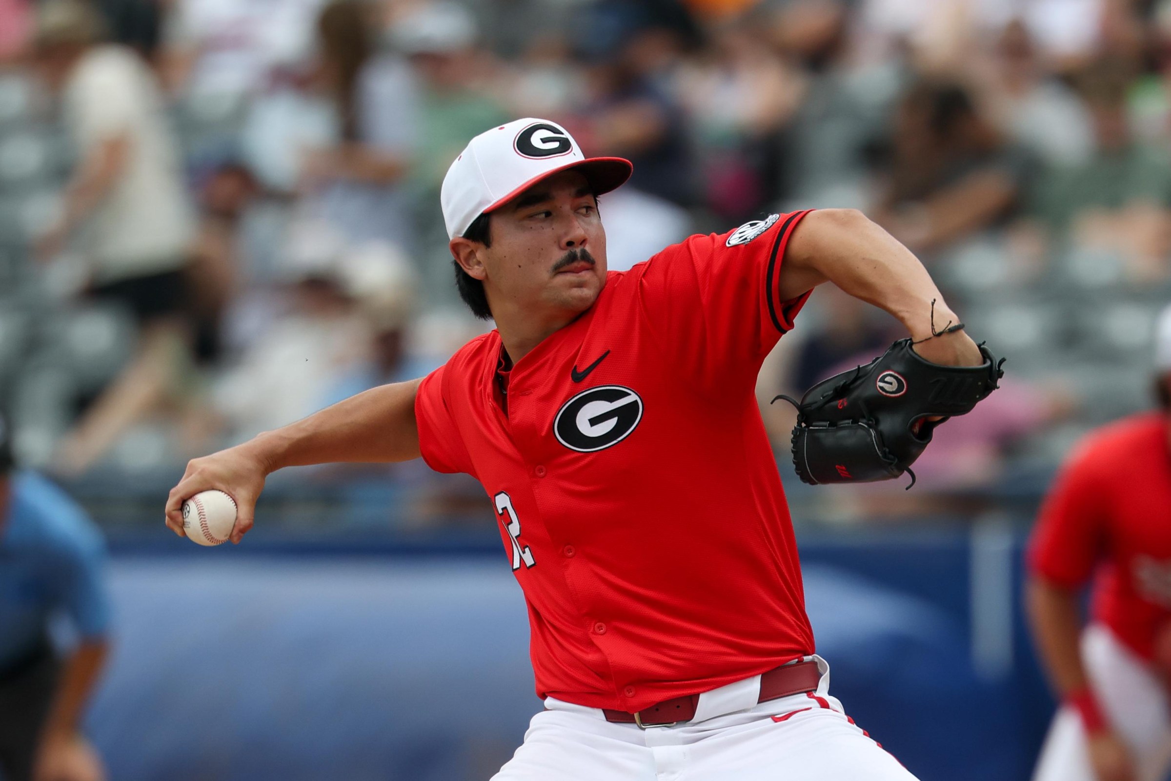 HOOVER, AL - MAY 23: Pitcher Caden Aoki #12 of the Georgia Bulldogs pitches the ball during the SEC Baseball Tournament Semifinal game between Georgia Bulldogs and Florida Gators on May 23, 2026, at Hoover Metropolitan Stadium in Hoover, Alabama.(Photo by David Buono/Icon Sportswire via Getty Images)