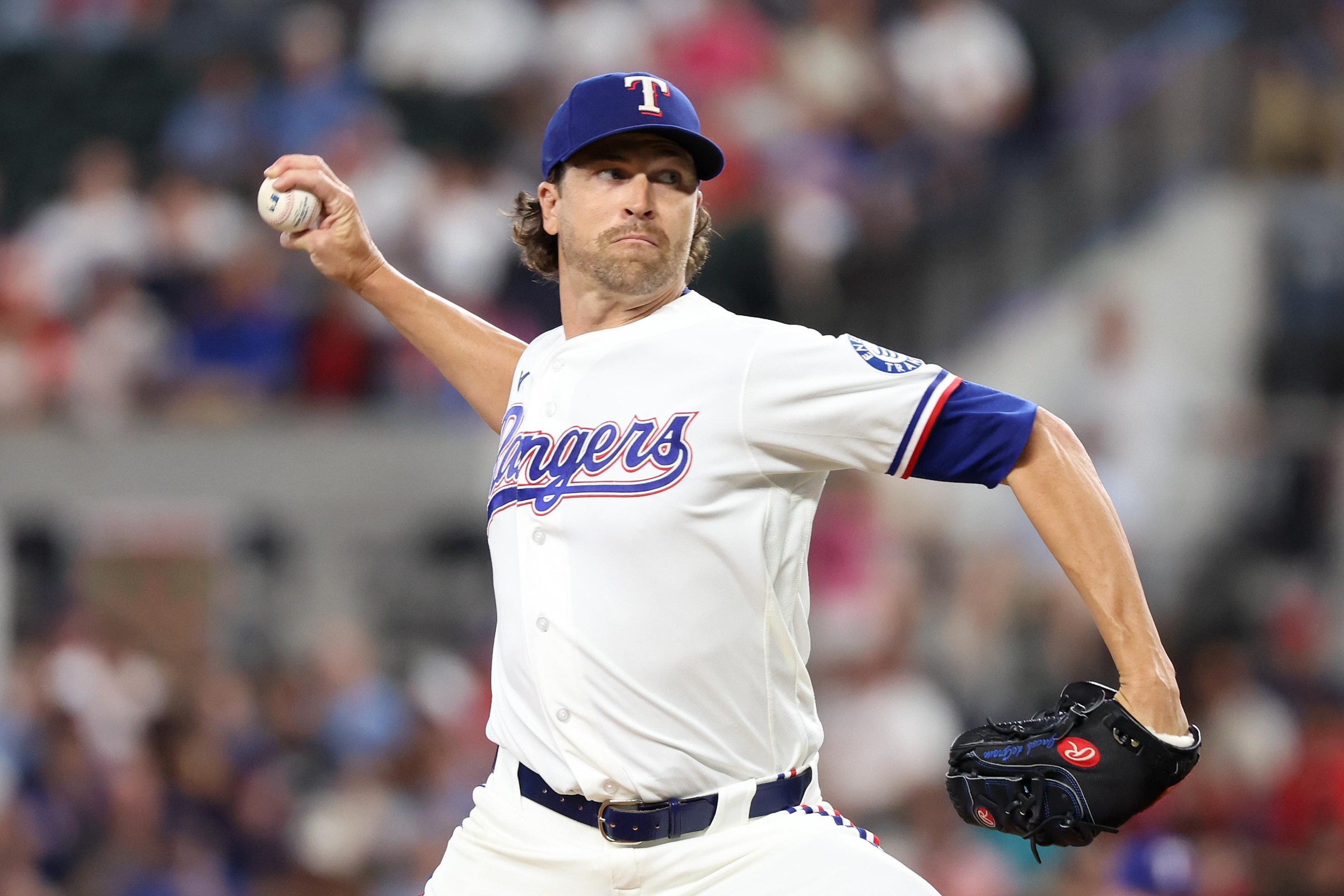 ARLINGTON, TEXAS - JULY 20: Jacob Degrom #48 of the Texas Rangers pitches during the first inning against the Chicago White Sox at Globe Life Field on July 20, 2026 in Arlington, Texas. (Photo by Sam Hodde/Getty Images)