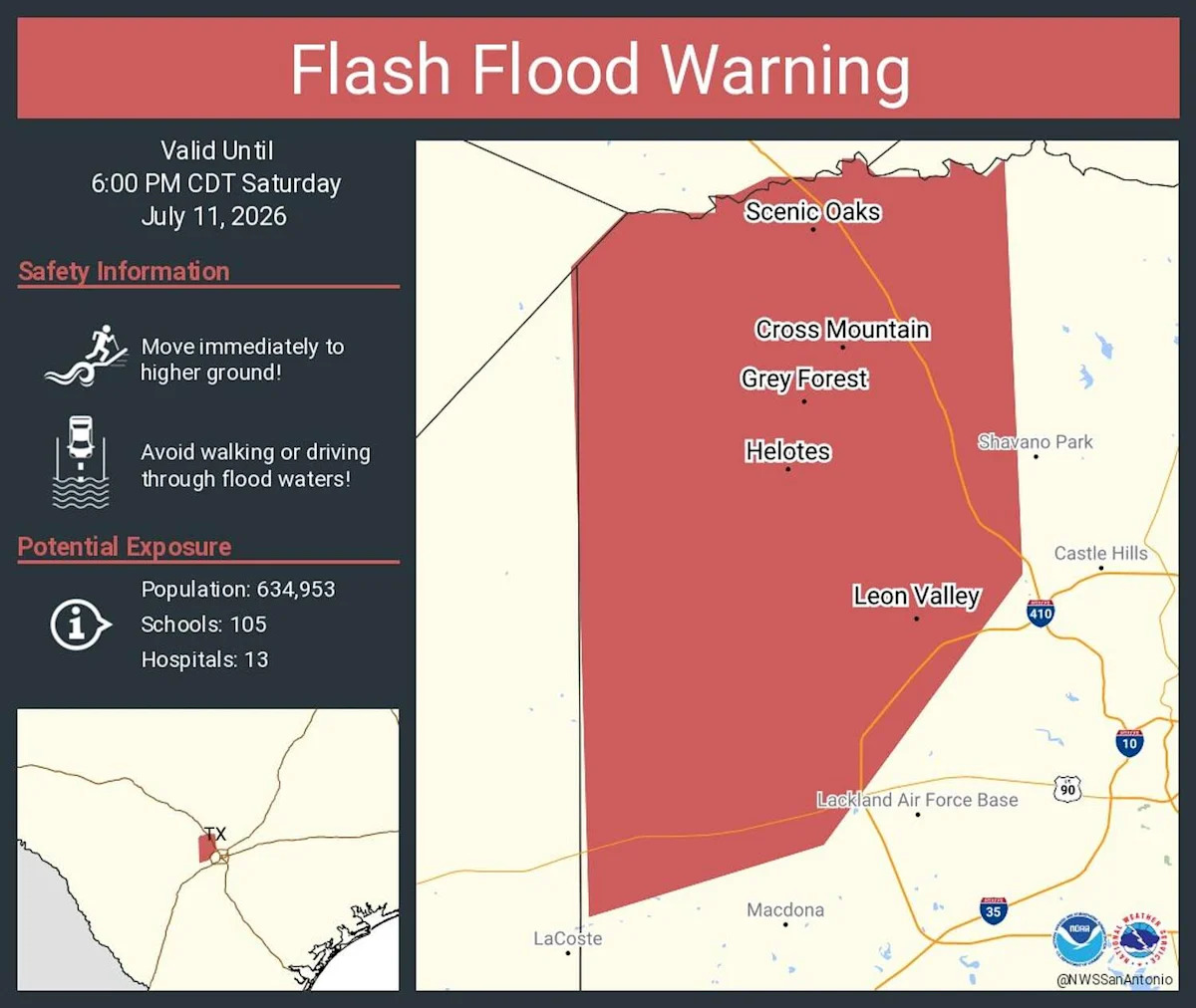 Flash flood warning issued for parts of San Antonio area. Travel is not recommended.